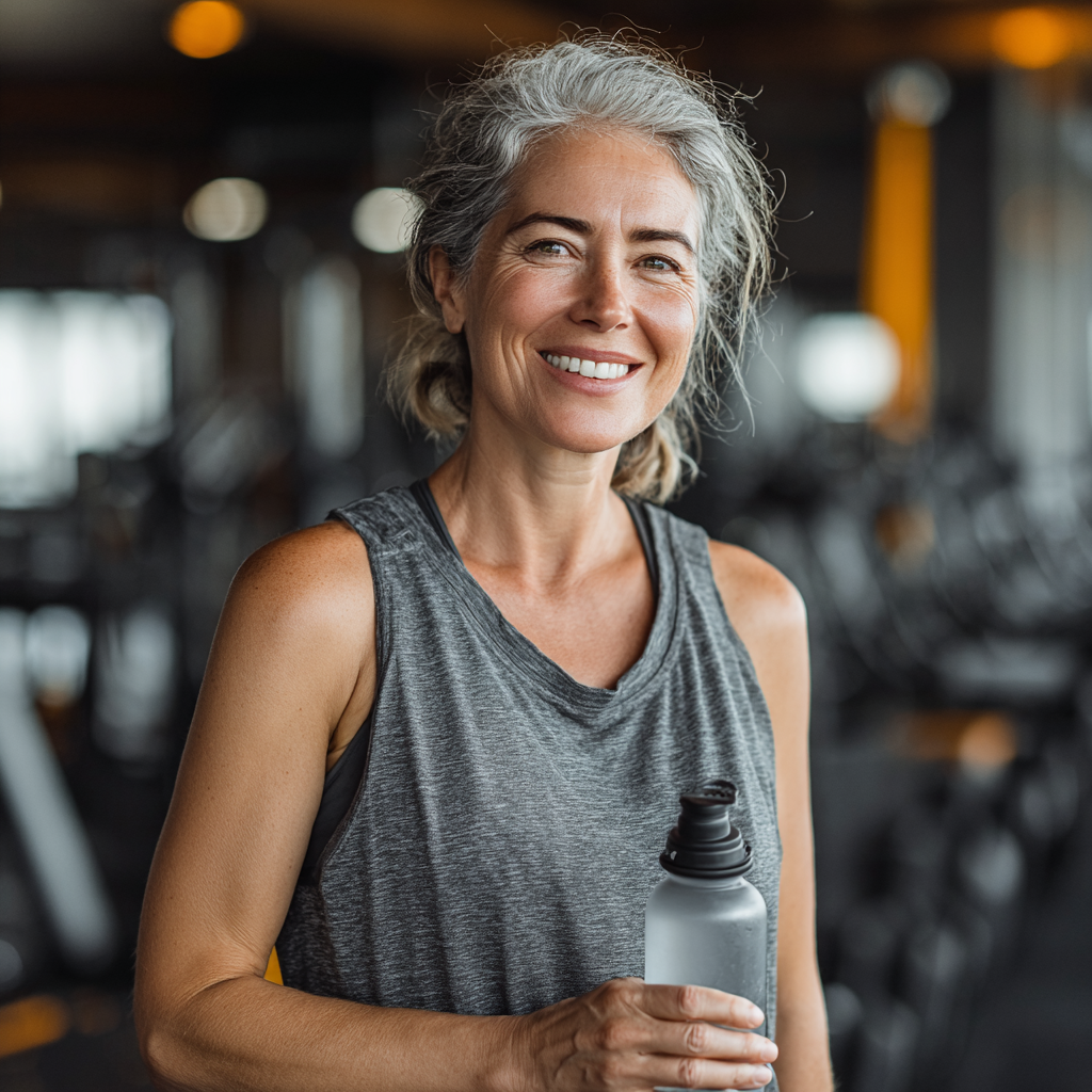 Confident middle-aged woman in athletic wear standing in a modern gym, smiling naturally while holding a water bottle, representing fitness and wellness for adults aged 40-55
