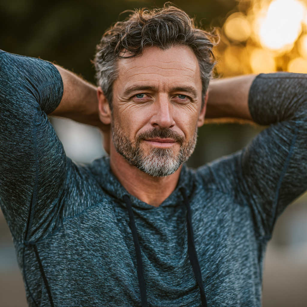 Happy mature man in his late 40s wearing workout clothes, stretching outdoors in a park setting, demonstrating active lifestyle and wellness for middle-aged adults